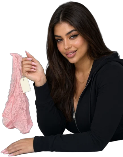 Ilustração: uma mulher sorridente de cabelo longo e escuro, com moletom preto e calça preta, deitada de bruços, segura uma calcinha de renda rosa com uma etiqueta de papel marcando $50